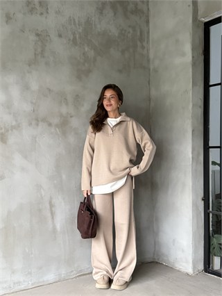 Polo Yaka Oversize Triko Takım - Krem - Dominatrend
