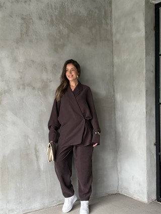 Premium Gabardin Tencel Kimonolu Takım - Kahverengi