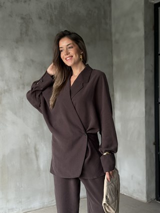 Premium Gabardin Tencel Kimonolu Takım - Kahverengi