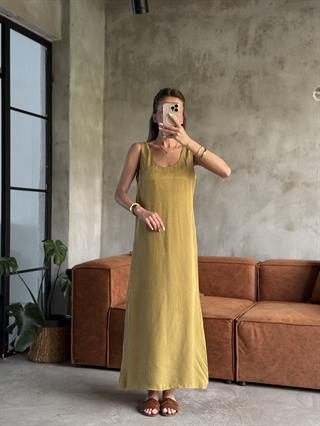 Premium Kumaş Maxi Dökümlü Elbise Yağ Yeşili