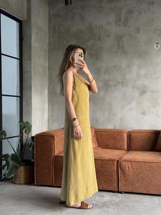 Premium Kumaş Maxi Dökümlü Elbise Yağ Yeşili