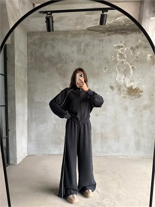 Premium Modal Şeritli Dik Yaka Takım - Antrasit - Dominatrend