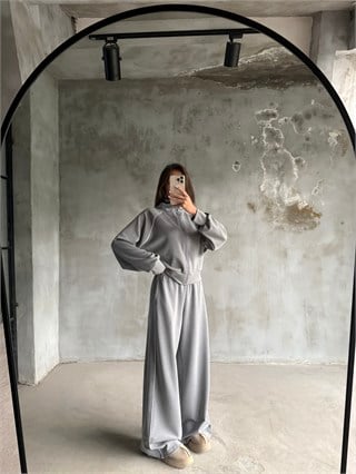 Premium Modal Şeritli Dik Yaka Takım - Gri - Dominatrend