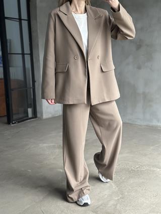 Premium Oversize Blazer Ceket Palazzo Pantolon Takım - Camel