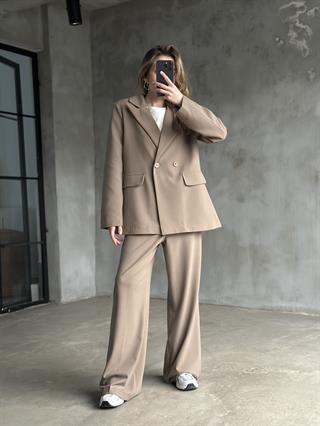Premium Oversize Blazer Ceket Palazzo Pantolon Takım - Camel