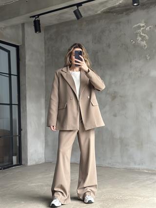 Premium Oversize Blazer Ceket Palazzo Pantolon Takım - Camel