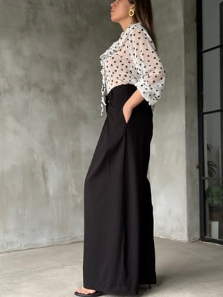 Premium Pileli Palazzo Pantolon - Siyah