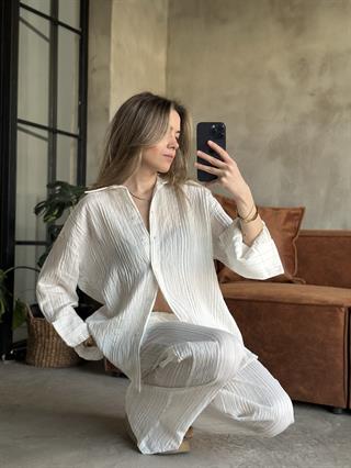 Premium Yakma Şerit Modal Gömlekli Beyaz Takım