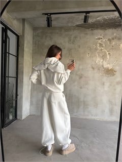 Şal Yaka Fermuarlı Oversize Stoperli Takım - Beyaz - Dominatrend