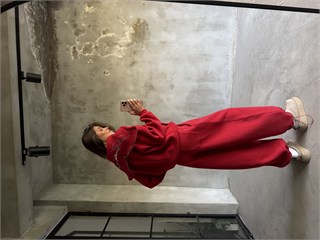 Şal Yaka Fermuarlı Oversize Stoperli Takım - Kırmızı - Dominatrend