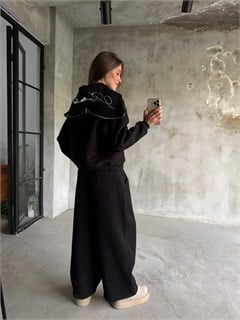 Şal Yaka Fermuarlı Oversize Stoperli Takım - Siyah - Dominatrend