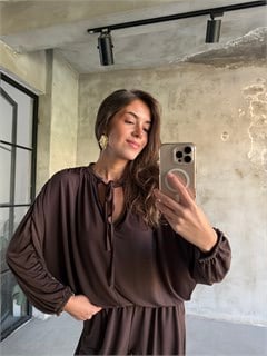 Sandy Şalvar Bluzlu Takım - Kahverengi