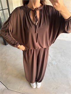Sandy Şalvar Bluzlu Takım - Kahverengi