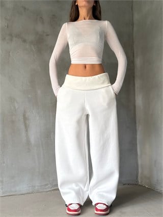 Şardonlu Bel Kaltlamalı Stoperli Baggy Eşofman Altı - Beyaz - Dominatrend