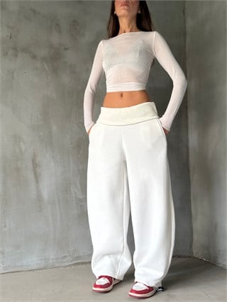 Şardonlu Bel Kaltlamalı Stoperli Baggy Eşofman Altı - Beyaz