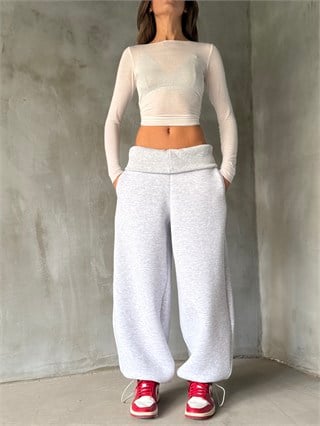 Şardonlu Bel Katlamalı Stoperli Baggy Eşofman Altı - Gri