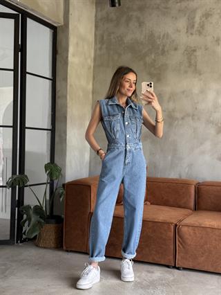 Sıfır Kol Denim Tulum