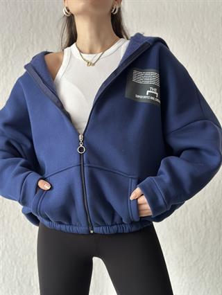 Sırt Baskılı Oversize Hırka - Lacivert
