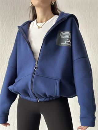 Sırt Baskılı Oversize Hırka - Lacivert