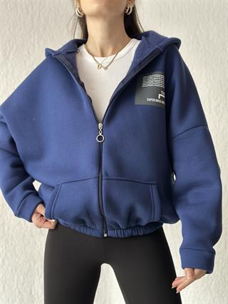 Sırt Baskılı Oversize Hırka - Lacivert