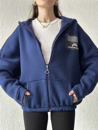 Sırt Baskılı Oversize Hırka - Lacivert