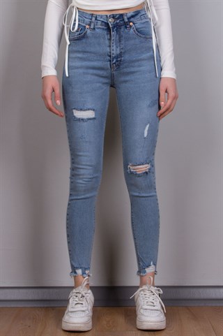 Skinny Yırtık Detay Pantolon - Mavi