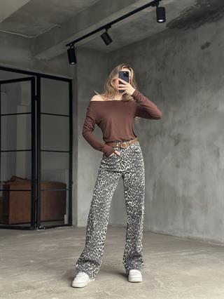 Soluk Efektli Leopar Desenli Straight Jean