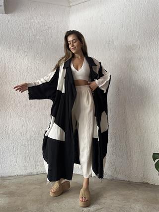 Tasarım Yarasa Kol Müslin Kimono - Siyah