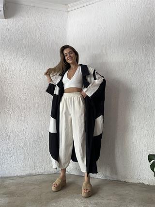 Tasarım Yarasa Kol Müslin Kimono - Siyah