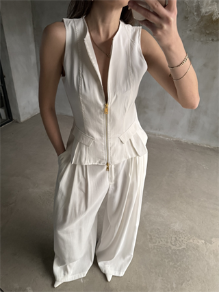 Tencel Çift Fermuarlı Yelekli Takım - Beyaz