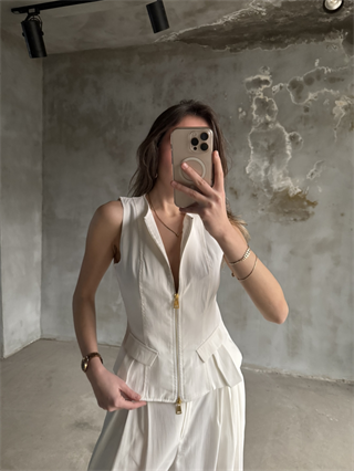 Tencel Çift Fermuarlı Yelekli Takım - Beyaz