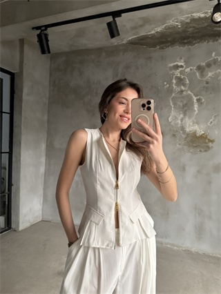Tencel Çift Fermuarlı Yelekli Takım - Beyaz