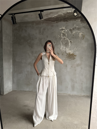 Tencel Çift Fermuarlı Yelekli Takım - Beyaz