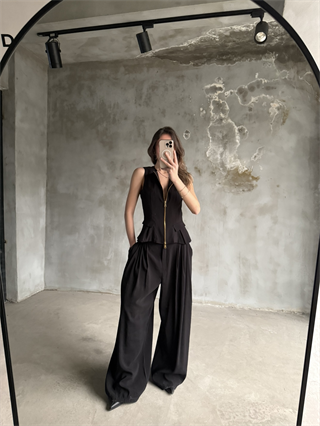 Tencel Çift Fermuarlı Yelekli Takım - Siyah