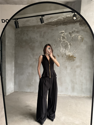 Tencel Çift Fermuarlı Yelekli Takım - Siyah
