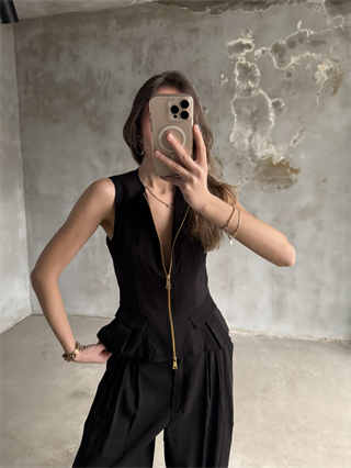Tencel Çift Fermuarlı Yelekli Takım - Siyah