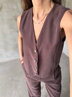 Tencel Gabardin Yelekli Takım - Kahverengi