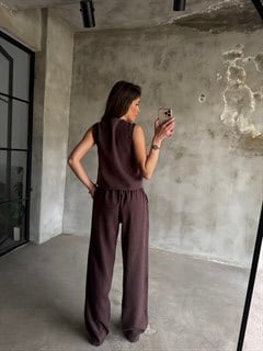 Tencel Gabardin Yelekli Takım - Kahverengi