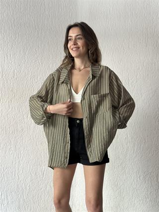Tensel Çizgili Oversize Gömlek - Haki