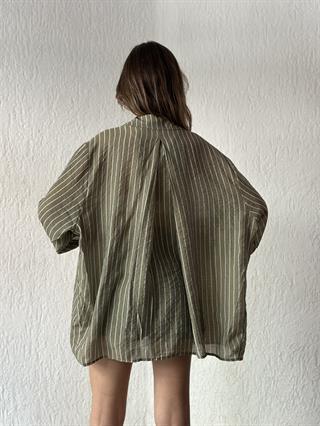 Tensel Çizgili Oversize Gömlek - Haki