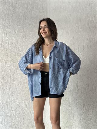 Tensel Çizgili Oversize Gömlek - Mavi