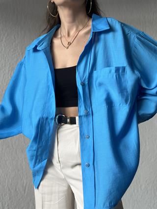 Tensel Oversize Basic Gömlek - Mavi