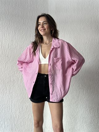 Tensel Oversize Çizgili Gömlek - Pembe