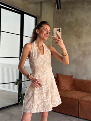 Teresa Keten Nakışlı Elbise - Bej