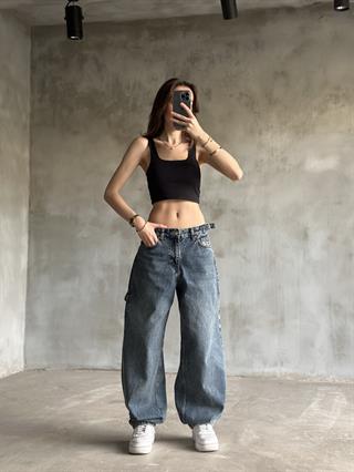 Tokalı Kargo Baggy Jean - Mavi