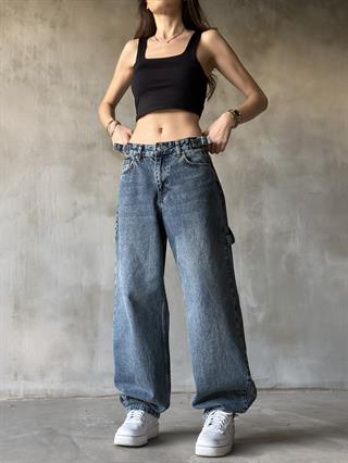 Tokalı Kargo Baggy Jean - Mavi