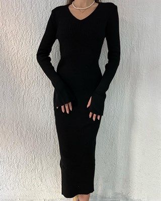 Triko Maxi Elbise - Siyah