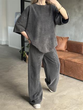 Unisex Yıkamalı Oversize Kısa Kollu Takım - Siyah