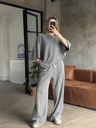 Unisex Yıkamalı Oversize Kısa Kollu Takım - Gri