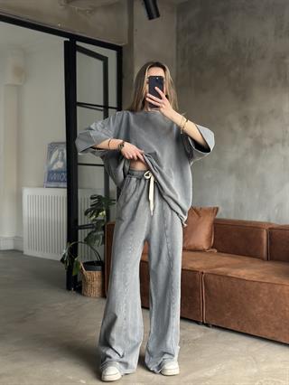 Unisex Yıkamalı Oversize Kısa Kollu Takım - Gri